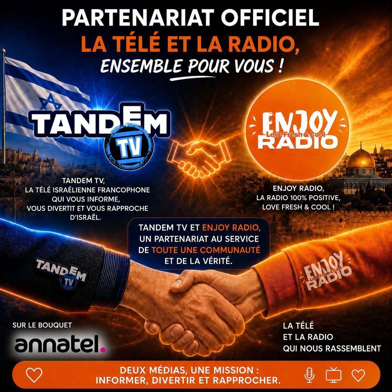 Partenariat officiel entre Tandem TV et Enjoy Radio : la télé et la radio, ensemble pour vous.